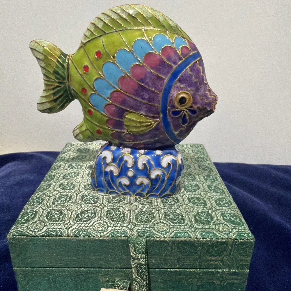 Green Cloisonne Tropical Fish on Attached Stand by D S Starr Oriental Treasures